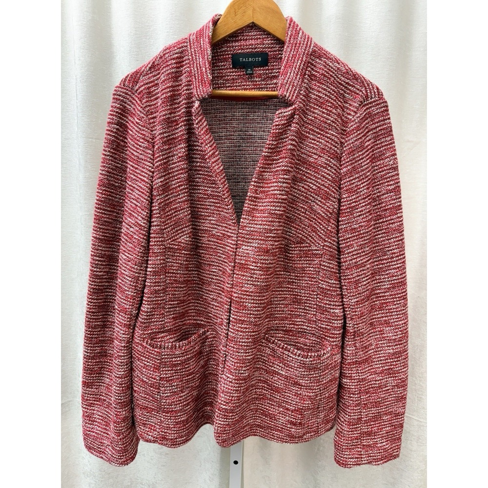 Talbots Jacket 14 Red White Striped Tweed Knit Notch Lapel Blazer Stretch Pocket